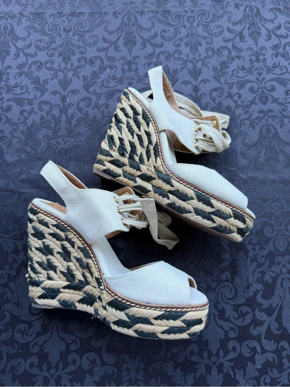 Tory Burch Linley High Wedge Espadrille Sandals Sz 6 Ivory Black Canvas Lace Up